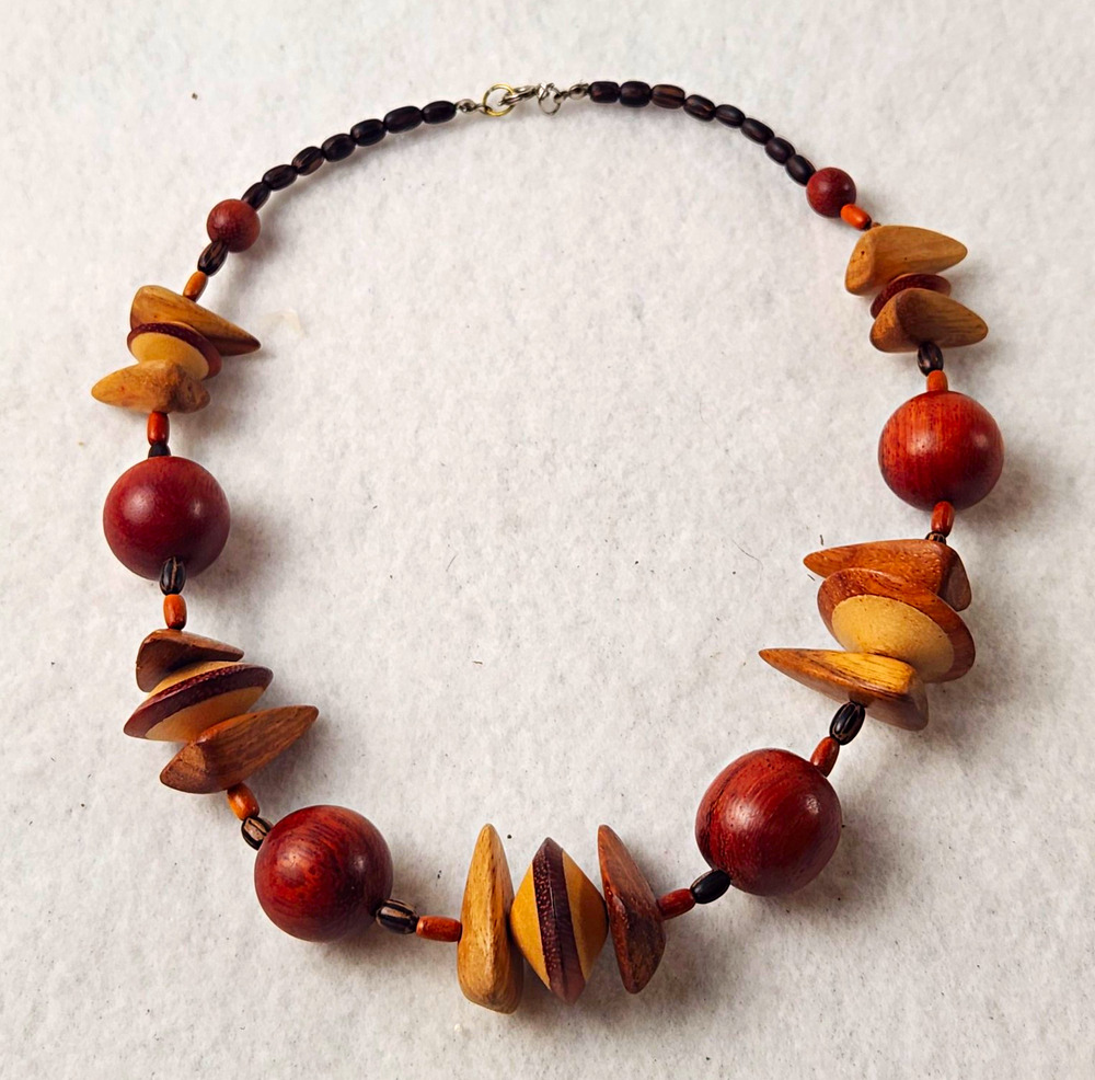 Vintage Chunky Wood Bead Necklace Geometric Disc Boho Tribal Statement 18"